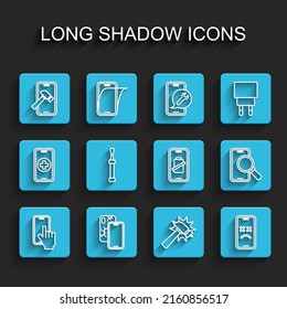 Set line Phone repair service, Mobile with broken screen, Hammer, Dead mobile, Screwdriver,  and Smartphone battery charge icon. Vector