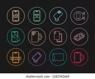 Set line Phone repair service, Mobile with broken screen, Shockproof phone, smart home, Smartphone and Dead mobile icon. Vector