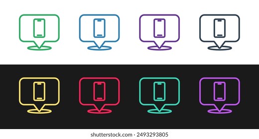 Set line Phone repair service icon isolated on black and white background. Adjusting, service, setting, maintenance, repair, fixing.  Vector