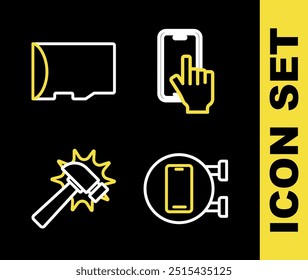 Set line Phone repair service, Hammer and Micro SD memory card icon. Vector