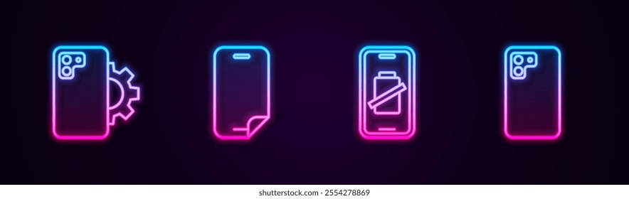 Set line Phone repair service, Glass screen protector, Smartphone battery charge and . Glowing neon icon. Vector