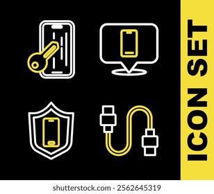 Set line Phone repair service, USB cable cord, Mobile with shield and Glass screen protector icon. Vector