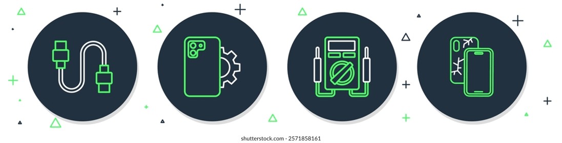 Set line Phone repair service, Multimeter, USB cable cord and Mobile with broken screen icon. Vector