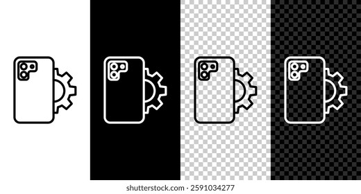 Set line Phone repair service icon isolated on black and white, transparent background. Adjusting, service, setting, maintenance, repair, fixing.  Vector