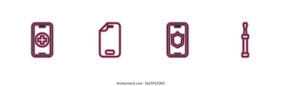 Definir linha Serviço de reparo de telefone, Móvel com escudo, Protetor de tela de vidro e ícone de chave de fenda. Vetor