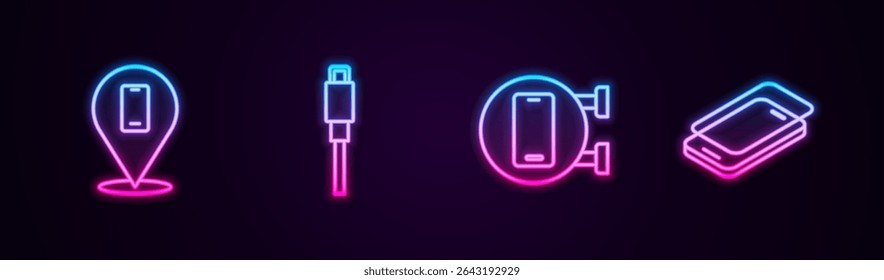 Set line Phone repair service, USB cable cord,  and Glass screen protector. Glowing neon icon. Vector