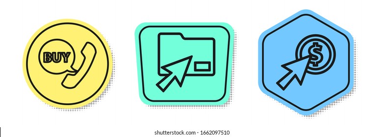 Legen Sie die Zeile Telefon und Sprache Blase mit Kaufen, Cursor klicken Sie Dokument Ordner und Cursor und Münze. Farbige Formen. Vektorillustration