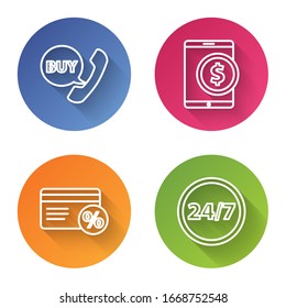 Set line Phone and speech bubble with Buy, Tablet with dollar, Discount card with percent and Clock 24 hours. Color circle button. Vector