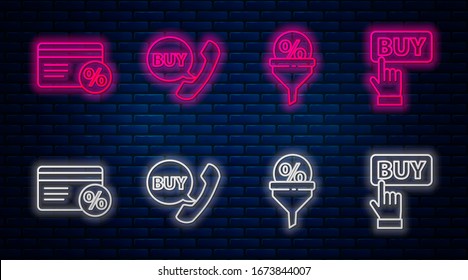 Set line Phone and speech bubble with Buy, Lead management, Discount card with percent and Buy button. Glowing neon icon on brick wall. Vector