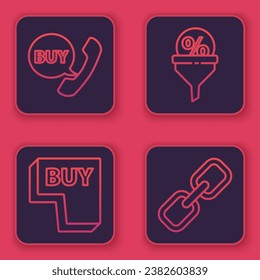 Set line Phone and speech bubble with Buy, Buy button, Lead management and Chain link. Blue square button. Vector