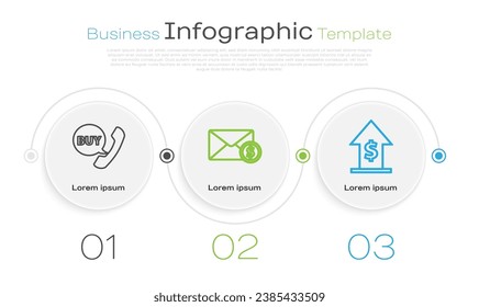 Fijar la línea de la burbuja del teléfono y del habla con Comprar, Sobre con moneda en dólares y Crecimiento financiero y moneda. Plantilla de infografía empresarial. Vector