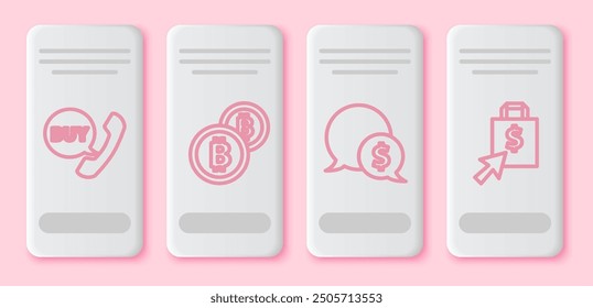 Set line Phone and speech bubble with Buy, Cryptocurrency coin Bitcoin, Speech bubble with dollar and Shoping bag and dollar. White rectangle button. Vector