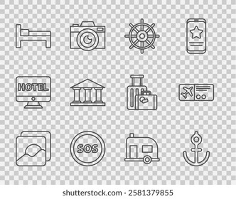 Set line Photo, Anchor, Ship steering wheel, Location with SOS, Bed, Museum building, Rv Camping trailer and Airline ticket icon. Vector