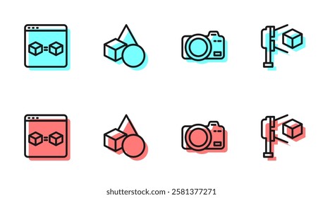 Set line Photo camera, 3D printer perfect copy, Basic geometric shapes and scanner with cube icon. Vector
