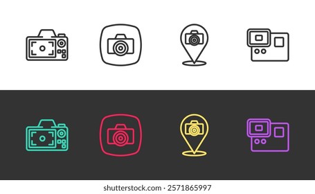 Set line Photo camera,  and Action extreme on black and white. Vector