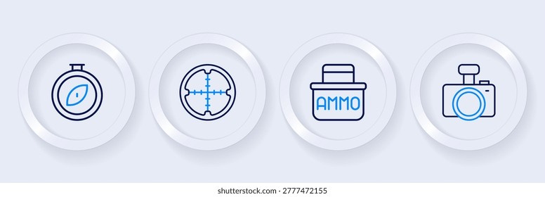Set line Photo camera, Ammunition box, Sniper optical sight and Compass icon. Vector