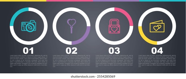 Set line Photo camera, Balloons in form of heart, Lock and and Greeting card. Business infographic template. Vector