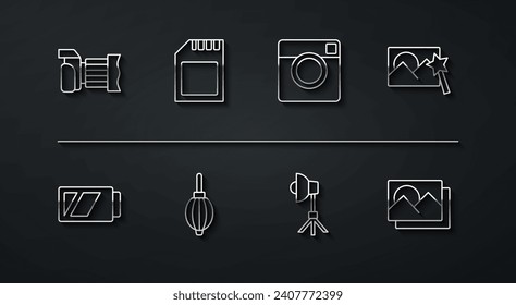 Set line Photo camera, Battery for, retouching, Softbox light, Dust blower, SD card, frame and  icon. Vector
