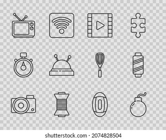 Fijar línea Cámara fotográfica, Bomba preparada para explotar, Reproducir video, hilo de coser en la piscina, Retro tv, cama y agujas de aguja, Fútbol americano e ícono. Vector