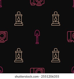 Set line Photo camera, Camping lantern and Shovel on seamless pattern. Vector