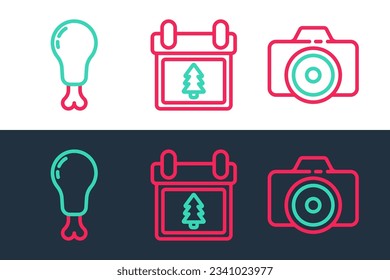 Fijar la línea Cámara fotográfica, pierna de pollo y Calendario con el icono de árbol. Vector