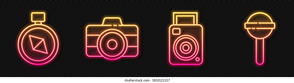 Set line Fotokamera, Kompass, Fotokamera und Lollipop. Leuchtendes Neonsymbol. Vektorgrafik