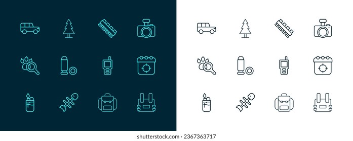 Set line Photo camera, Dead fish, Walkie talkie, Hiking backpack, Bullet, Hunting cartridge belt, Safari and Tree icon. Vector