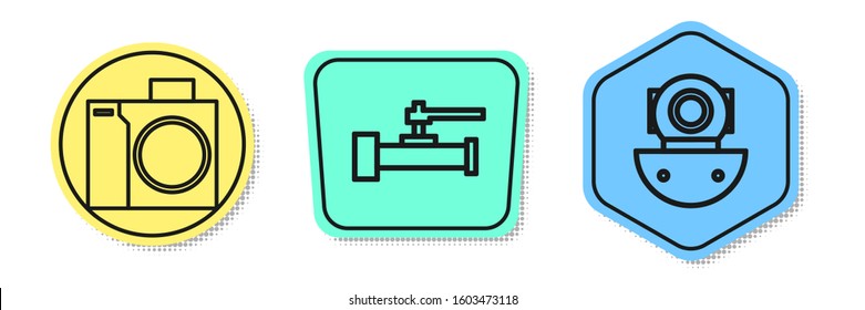 Set line Photo camera for diver, Industry metallic pipes and valve and Aqualung. Colored shapes. Vector