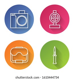 Set line Photo camera for diver, Industry metallic pipes and valve, Diving mask and Army knife. Color circle button. Vector