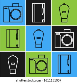Set line Photo camera for diver, Lift bag and Underwater note book and pencil icon. Vector