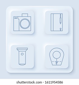 Set line Photo camera for diver, Underwater note book and pencil, Flashlight and Diving hood. White square button. Vector