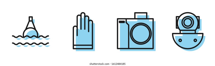 Set line Photo camera for diver, Floating buoy on the sea, Gloves and Aqualung icon. Vector