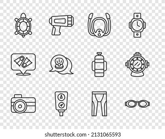 Set line Photo camera for diver, Glasses swimming, Diving mask with snorkel, Gauge scale, Turtle, Scallop sea shell, Wetsuit scuba diving and Aqualung icon. Vector