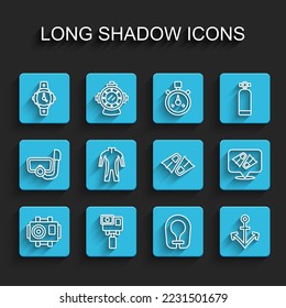 Set line Photo camera for diver, Action extreme, Diving watch, Life jacket, Anchor, Wetsuit scuba diving, Flippers swimming and  icon. Vector