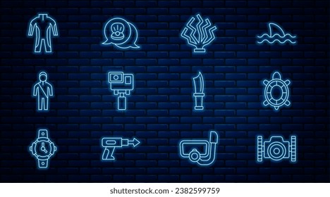 Set line Photo camera for diver, Turtle, Coral, Action extreme, Wetsuit scuba diving, Diving knife and Scallop sea shell icon. Vector