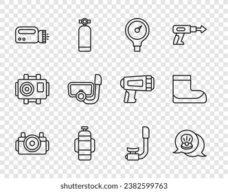 Línea Cámara fotográfica para buceador, concha marina de vieira, escala de indicadores, Aqualung, linterna, máscara de buceo con tubo, Snorkel e icono de botas. Vector