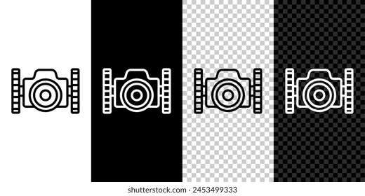 Set line Photo camera for diver icon isolated on black and white, transparent background. Foto camera icon. Diving underwater equipment.  Vector