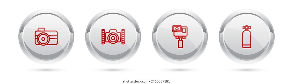 Set line Photo camera for diver, , Action extreme and Aqualung. Silver circle button. Vector