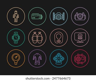 Set line Photo camera for diver, Scallop sea shell, Aqualung, Diving watch, Wetsuit scuba diving, Life jacket and Flashlight icon. Vector