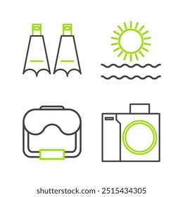 Set line Photo camera for diver, Diving mask, Sun and waves and Rubber flippers swimming icon. Vector