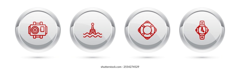 Set line Photo camera for diver, Floating buoy, Lifebuoy and Diving watch. Silver circle button. Vector