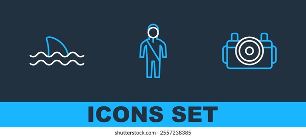 Set line Photo camera for diver, Shark and Wetsuit scuba diving icon. Vector