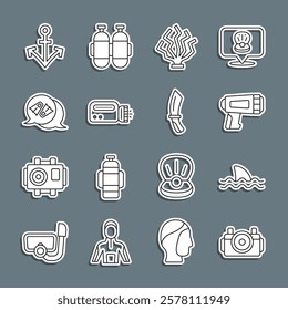 Set line Photo camera for diver, Shark, Flashlight, Coral, Flippers swimming, Anchor and Diving knife icon. Vector