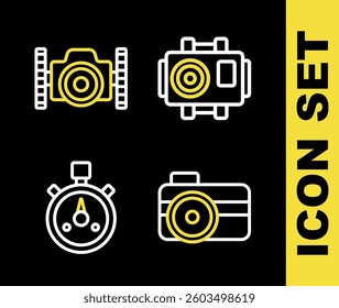 Set line Photo camera for diver, Stopwatch and  icon. Vector