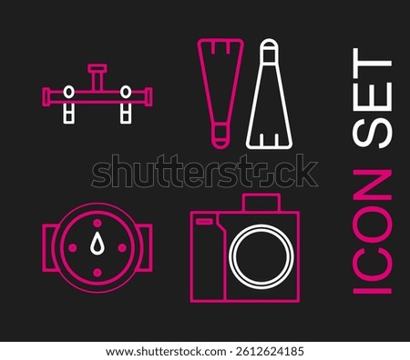 Set line Photo camera for diver, Wind rose, Rubber flippers swimming and Manifold icon. Vector