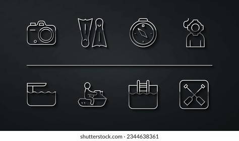 Set line Photo camera, Diving board or springboard, Aqualung, Swimming pool with ladder, Jet ski, Flippers for swimming, Paddle and Compass icon. Vector