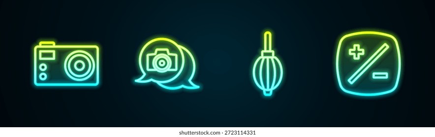 Fije la línea de la cámara de la foto, del soplador de polvo y de la compensación de la exposición. Icono de neón brillante. Vector