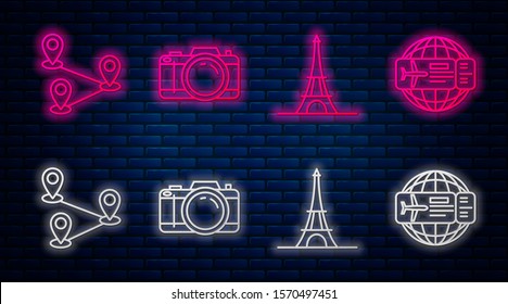 Set line Photo camera, Eiffel tower, Route location and Airline ticket. Glowing neon icon on brick wall. Vector