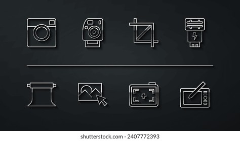 Set line Photo camera, Empty photo studio, flash, retouching, Graphic tablet and Picture crop icon. Vector