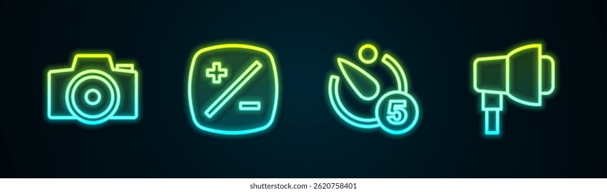 Set line Photo camera, Exposure compensation, Camera timer and Softbox light. Glowing neon icon. Vector